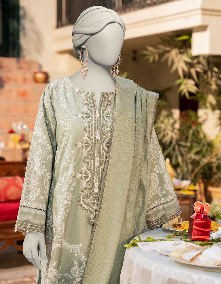 GREEN COTTON SILK EMBROIDERED 3PC STITCHED