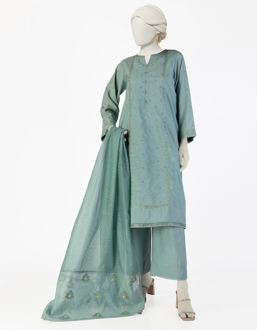 GREEN COTTON SILK EMBROIDERED 3PC STITCHED
