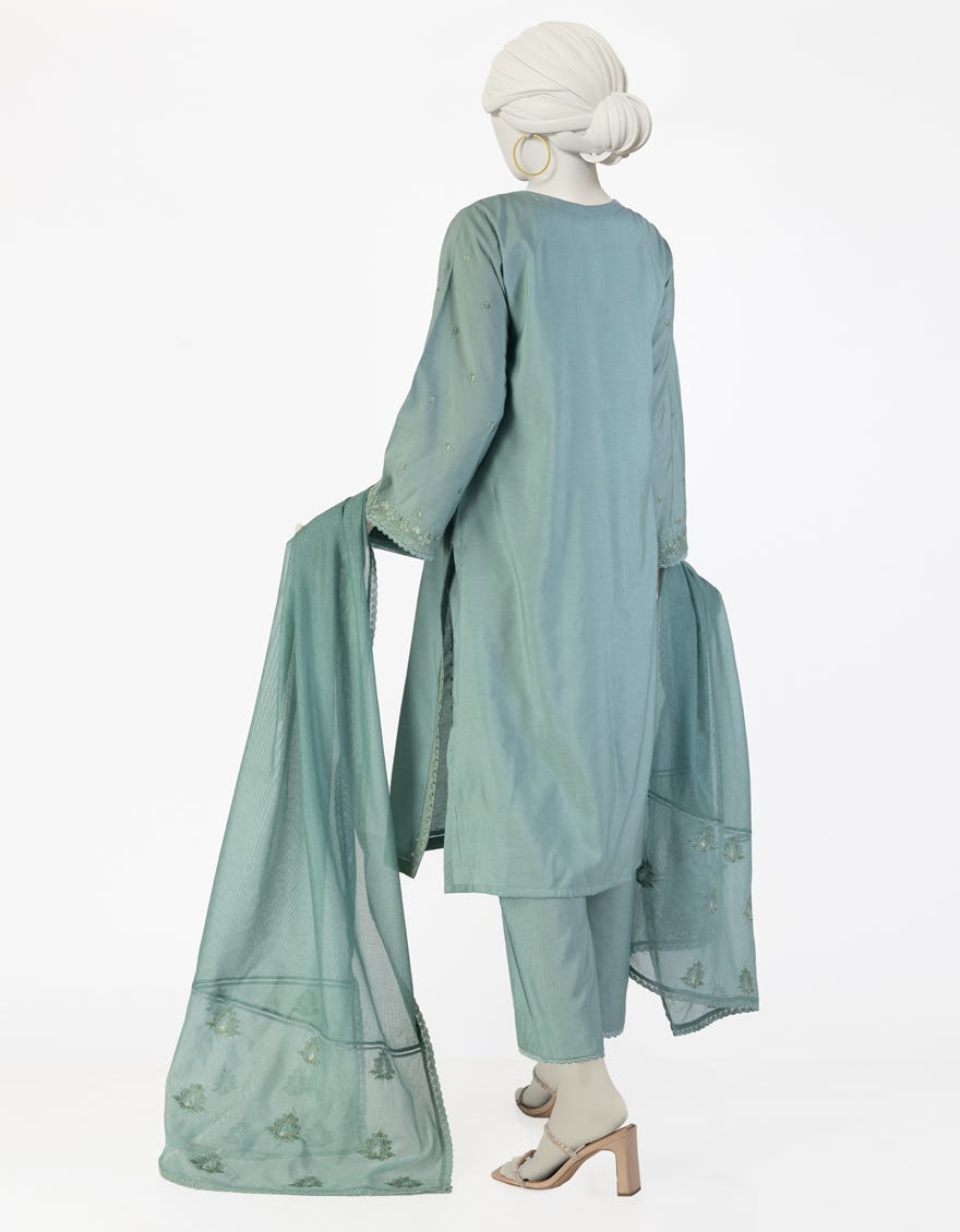 GREEN COTTON SILK EMBROIDERED 3PC STITCHED