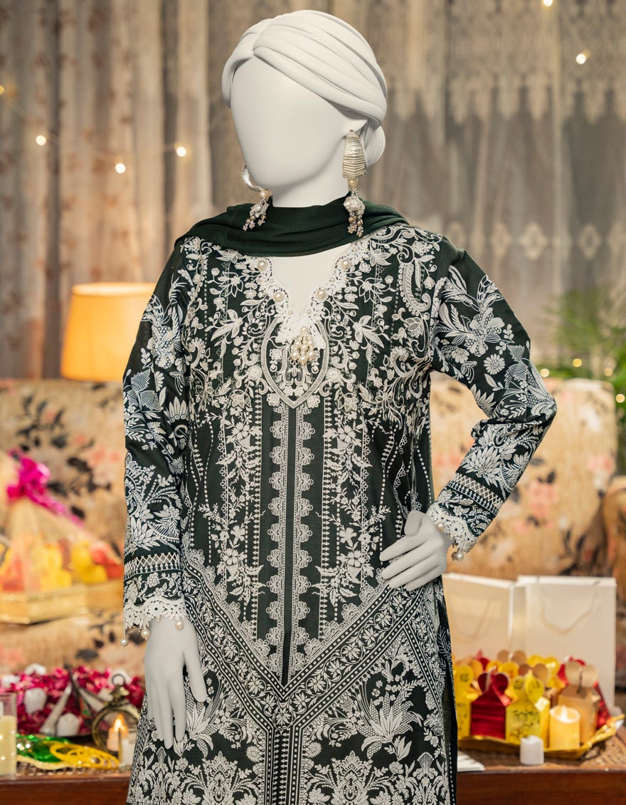 GREEN COTTON SILK EMBROIDERED 3PC STITCHED