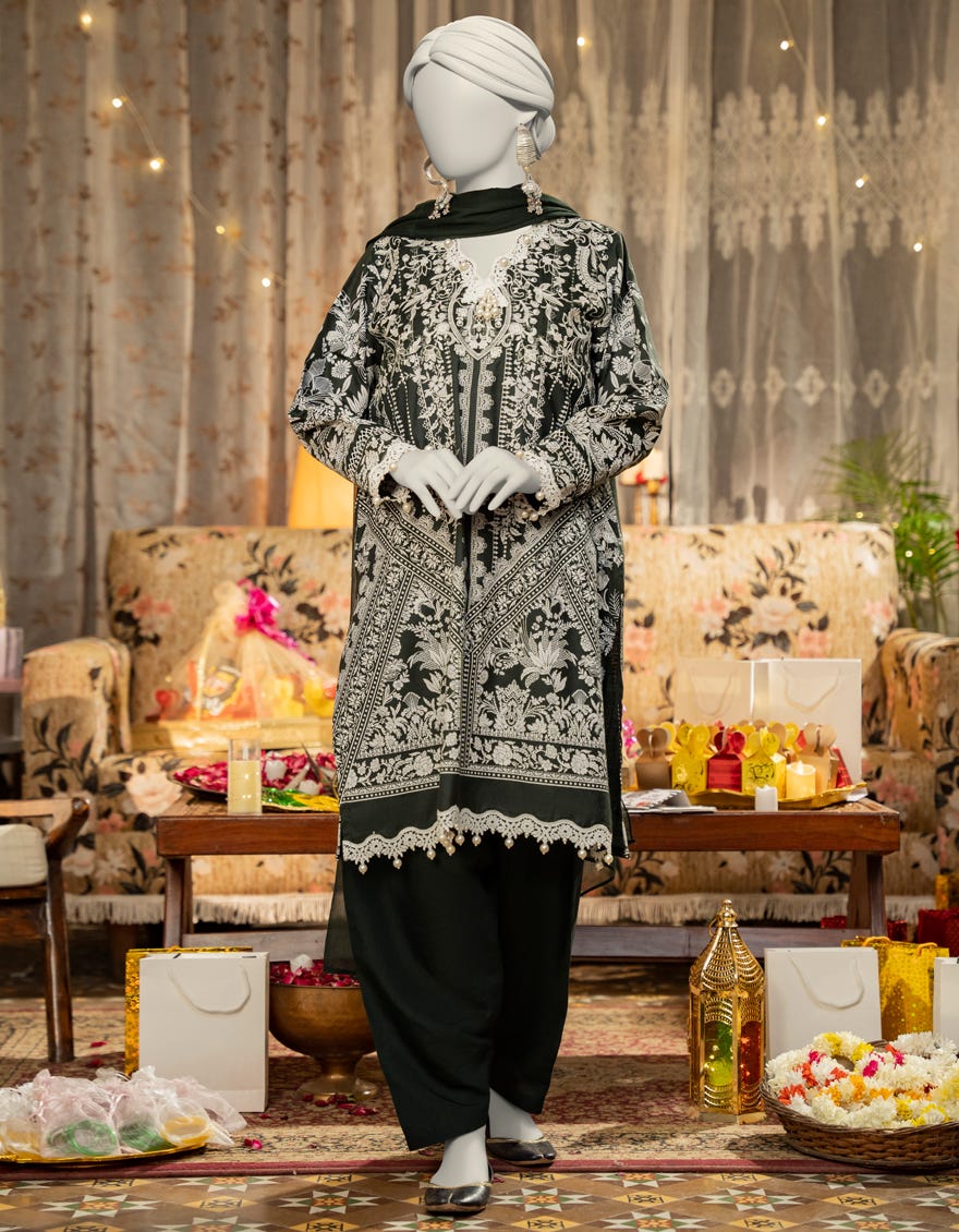 GREEN COTTON SILK EMBROIDERED 3PC STITCHED