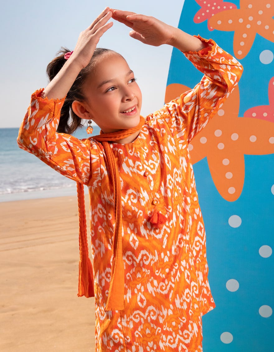 ORANGE LAWN PRINTED 3PC | JGK-S-JGP-25-1504