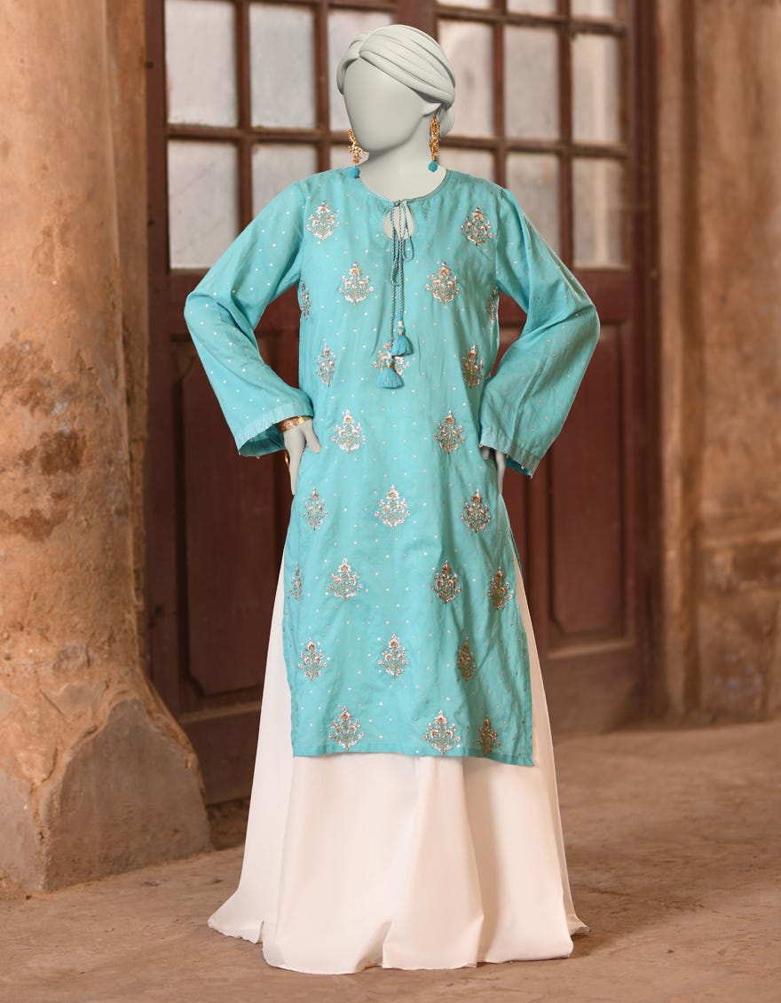 TURQUOISE LAWN EMBROIDERED KURTI | JJLK-S-JSS-25-334