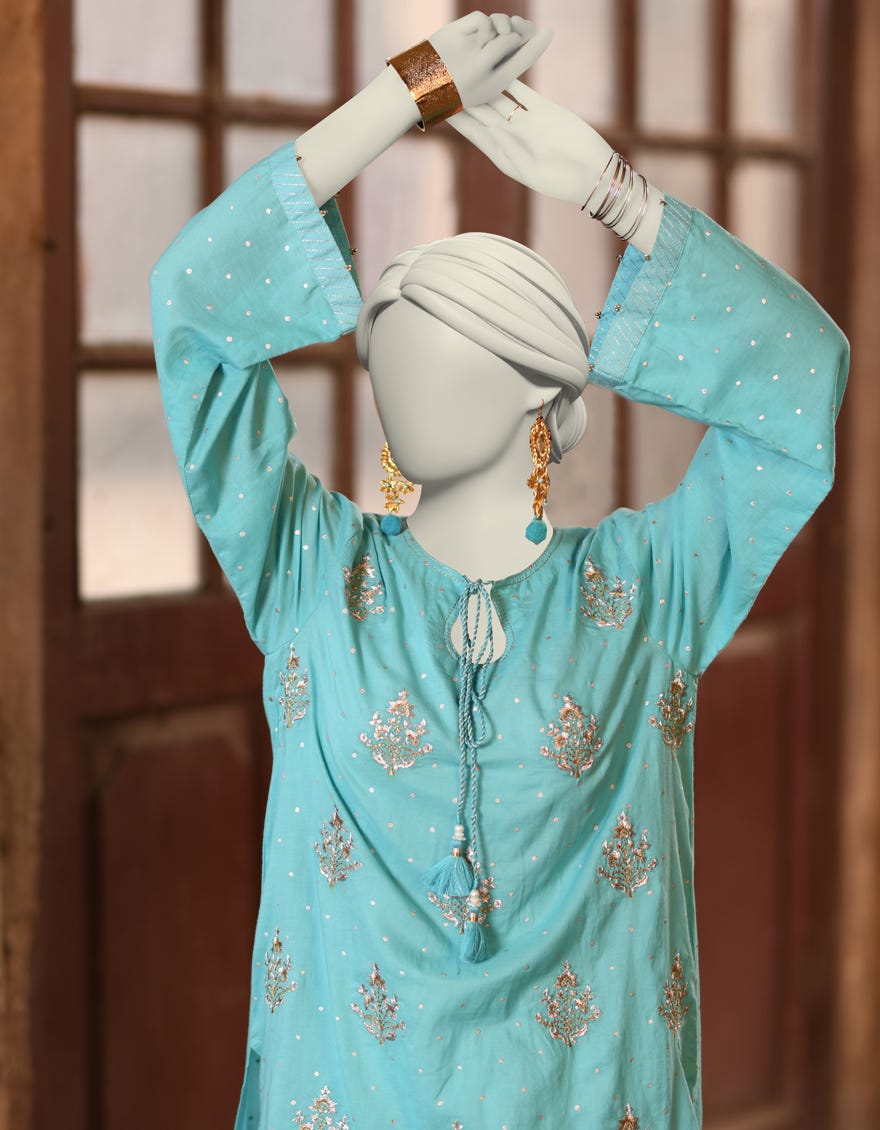 TURQUOISE LAWN EMBROIDERED KURTI | JJLK-S-JSS-25-334