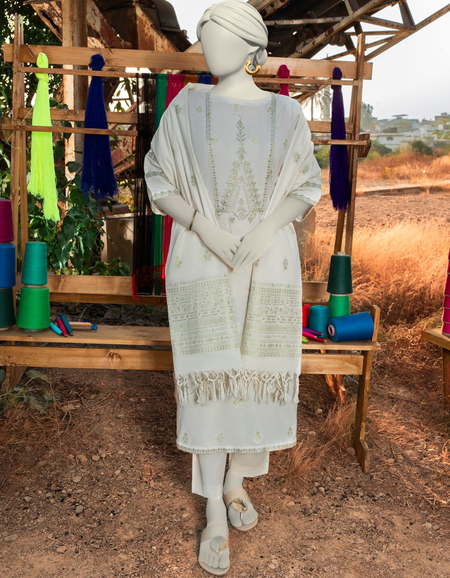 OFF WHITE JACQUARD EMBROIDERED UNSTITCHED 3PC | JLAWN-S-25-3131