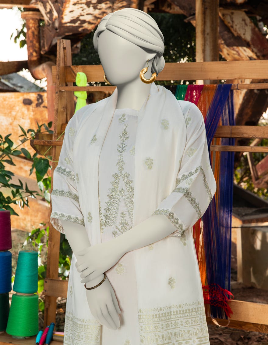 OFF WHITE JACQUARD EMBROIDERED UNSTITCHED 3PC | JLAWN-S-25-3131