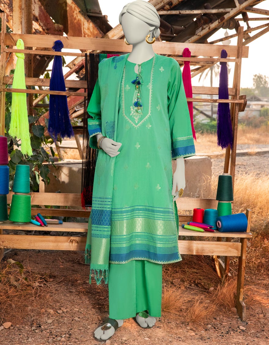 GREEN EMBROIDERED JACQUARD UNSTITCHED 3PC