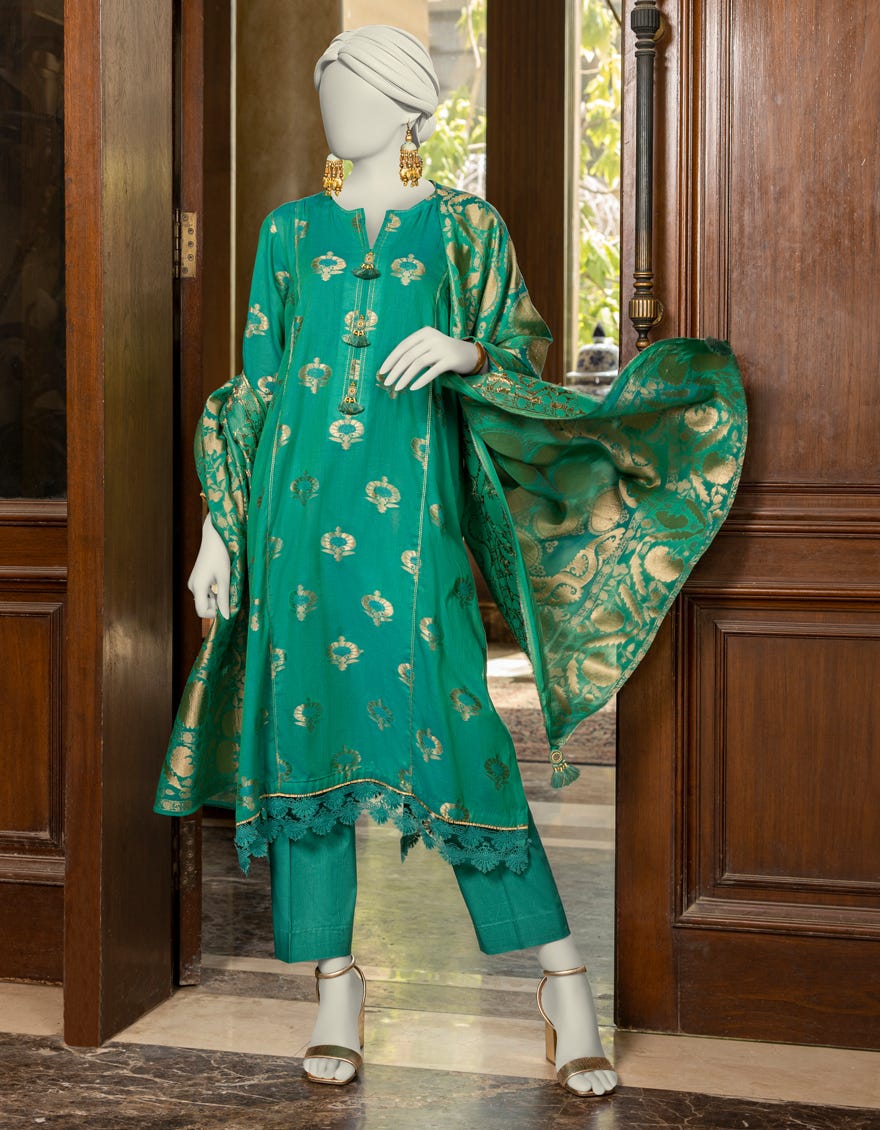 GREEN DYED JACQUARD UNSTITCHED 3PC