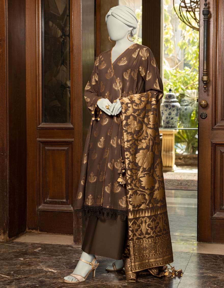 BROWN DYED JACQUARD UNSTITCHED 3PC