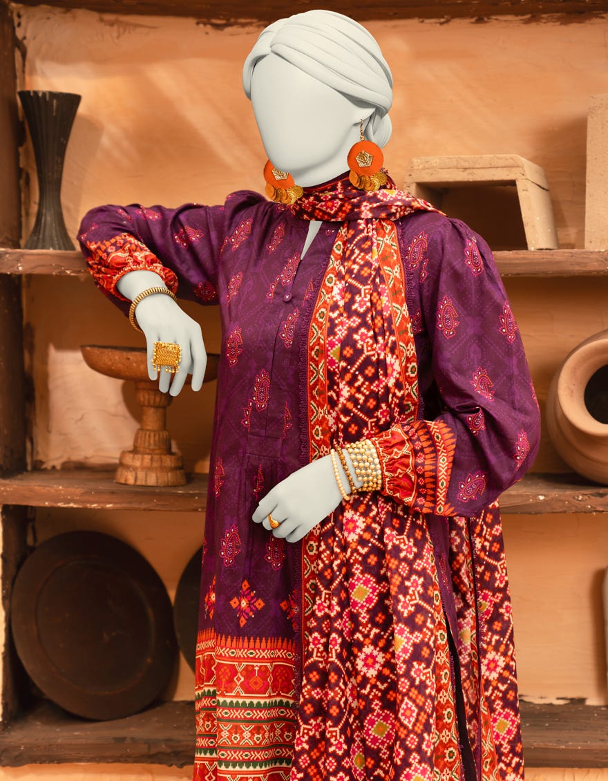 PURPLE LAWN PRINTED UNSTITCHED 3PC