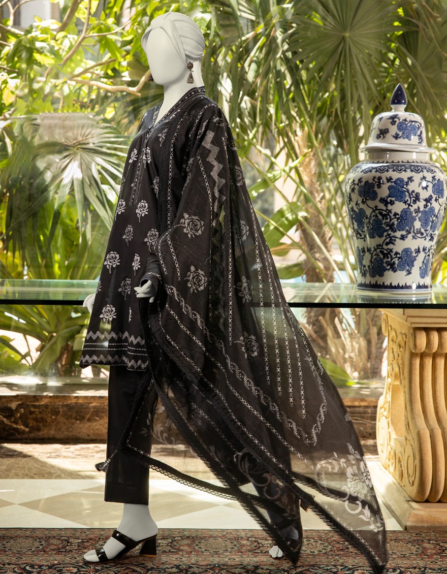 BLACK LAWN PASTE PRINTED UNSTITCHED 3PC