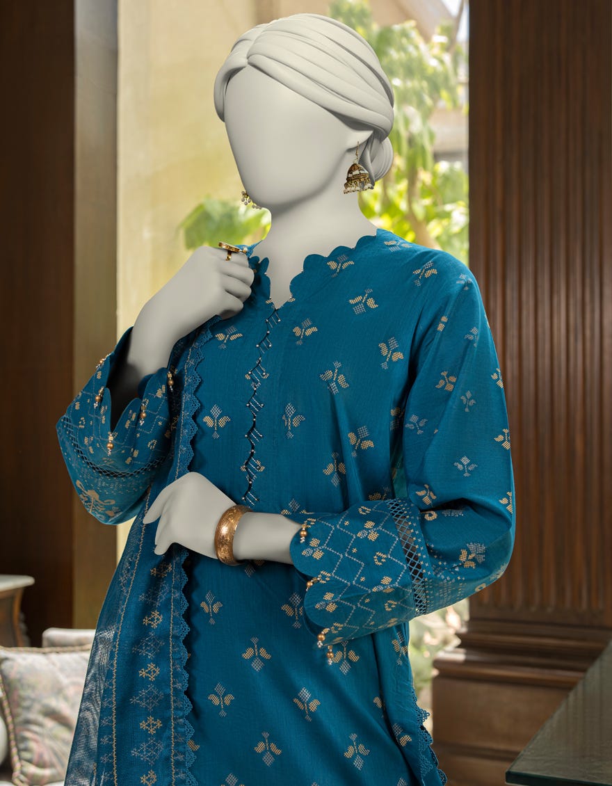 BLUE LAWN PASTE PRINTED UNSTITCHED 3PC