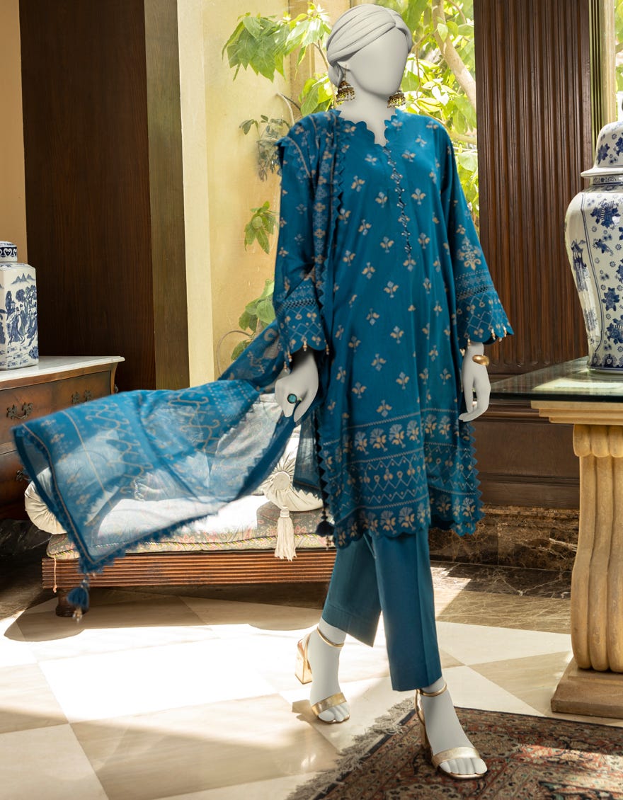 BLUE LAWN PASTE PRINTED UNSTITCHED 3PC