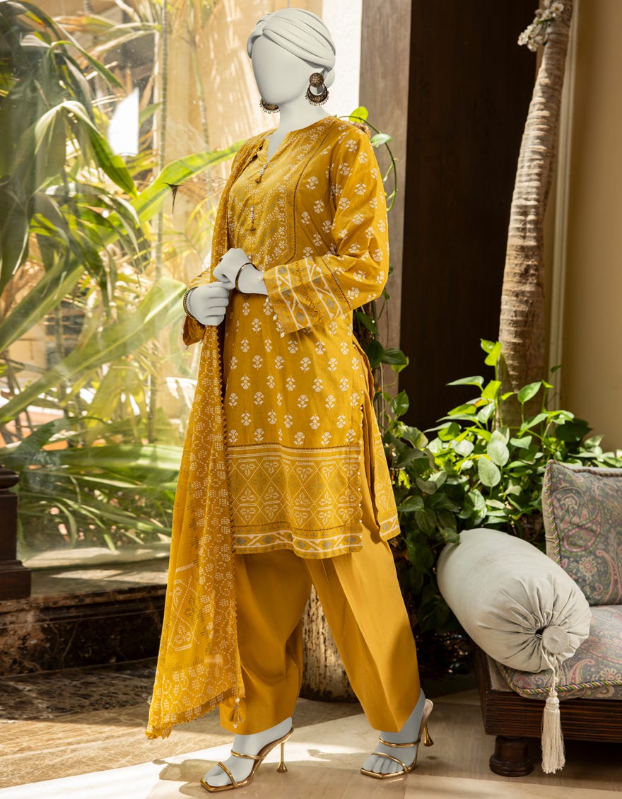 OCHRE LAWN PASTE PRINTED UNSTITCHED 3PC