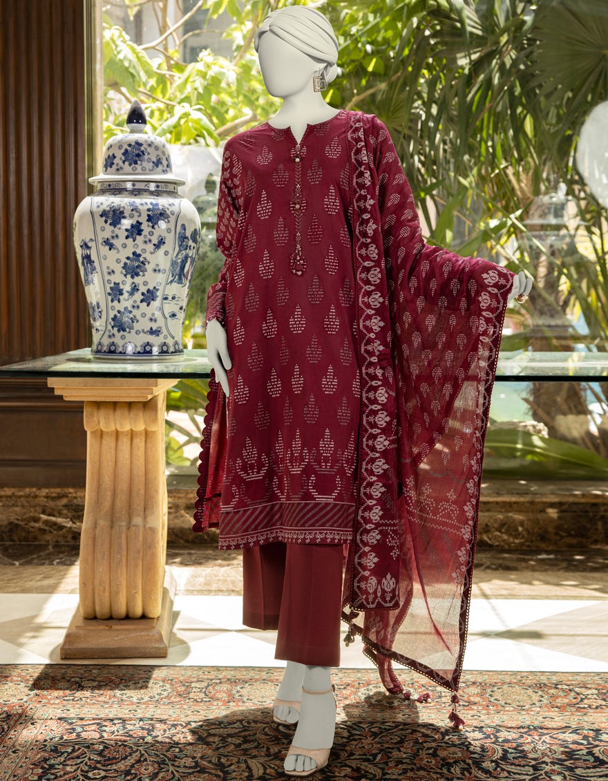 MAROON LAWN PASTE PRINTED UNSTITCHED 3PC