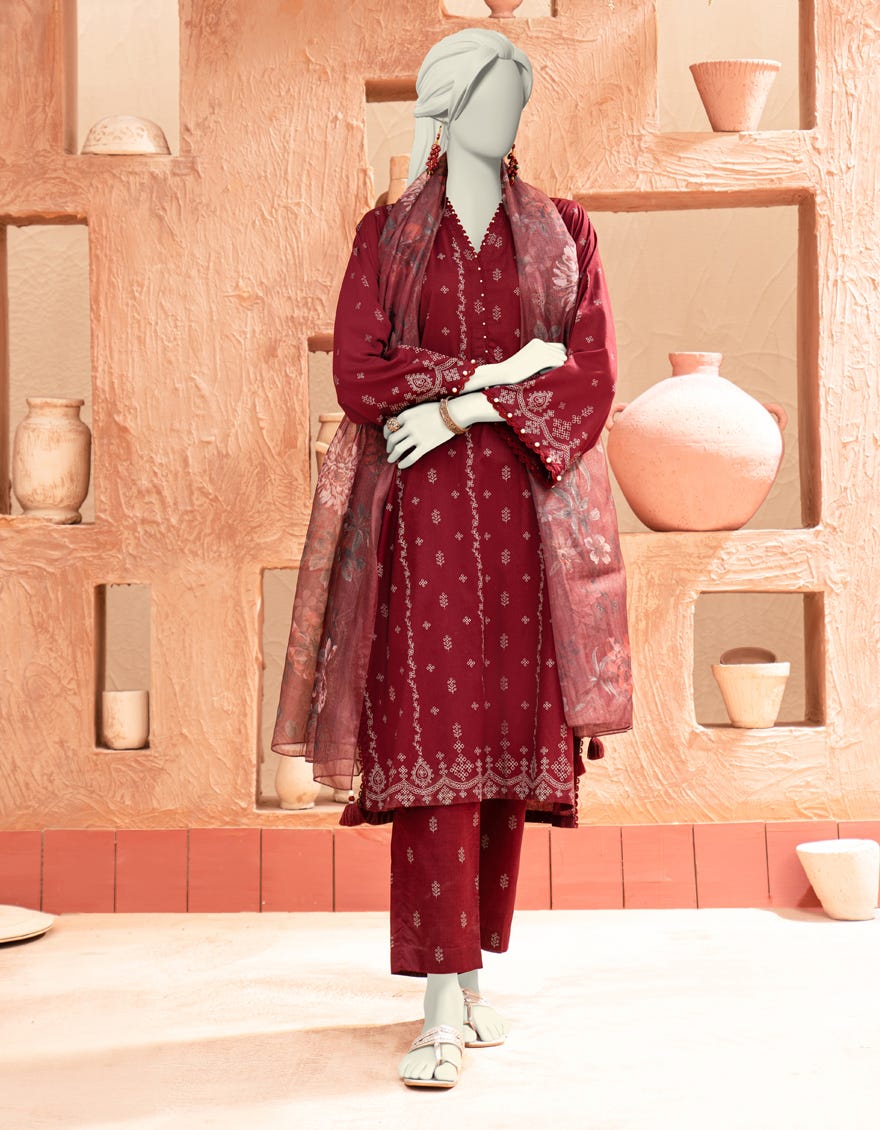 MAROON LAWN PASTE PRINTED UNSTITCHED 3PC