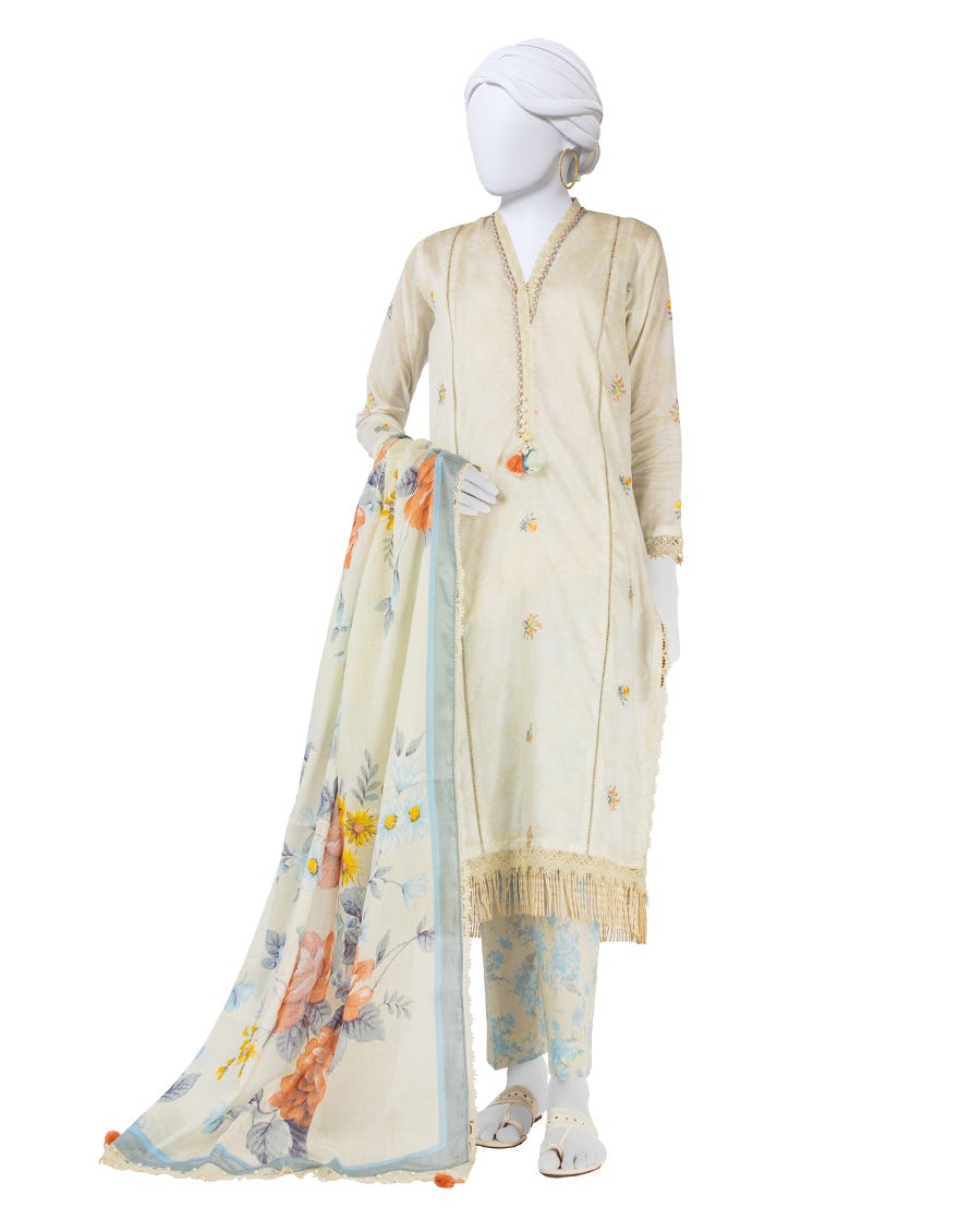 OFF WHITE DOBBY EMBROIDERED UNSTITCHED 3PC