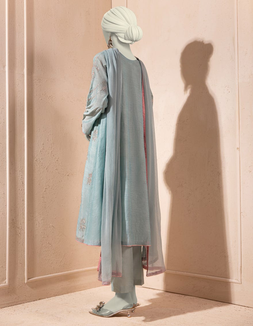 TURQUOISE PAPER COTTON EMBROIDERED 3PC STITCHED