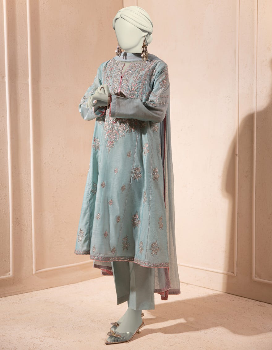 TURQUOISE PAPER COTTON EMBROIDERED 3PC STITCHED