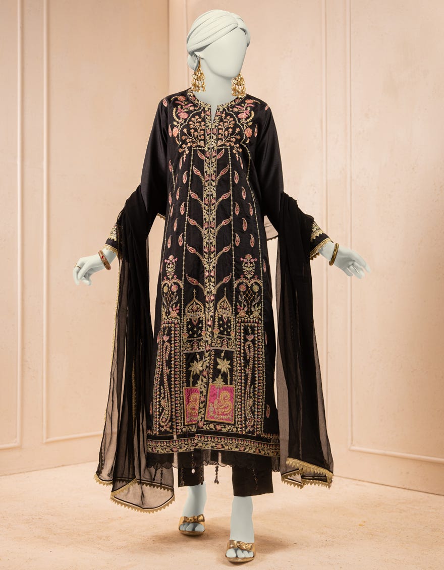 BLACK RAW SILK EMBROIDERED 3PC STITCHED