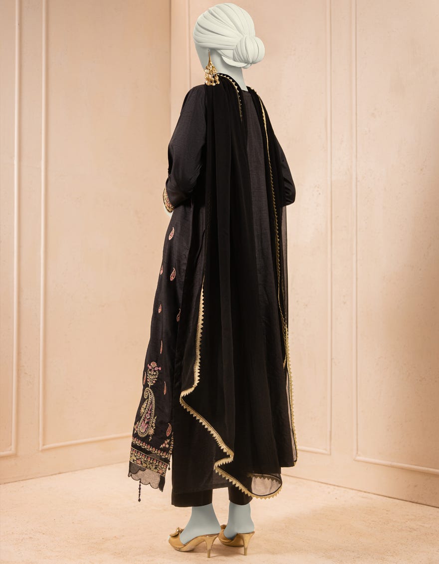 BLACK RAW SILK EMBROIDERED 3PC STITCHED