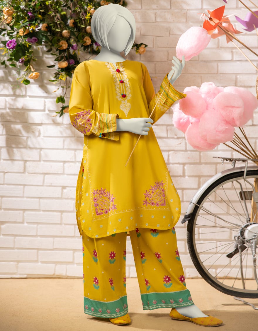 YELLOW LAWN PRINTED 2PC STITCHED