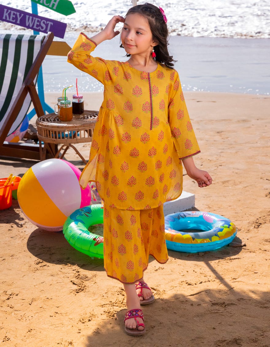 YELLOW LAWN PRINTED 2PC | JGKL-S-JGST-25-5636
