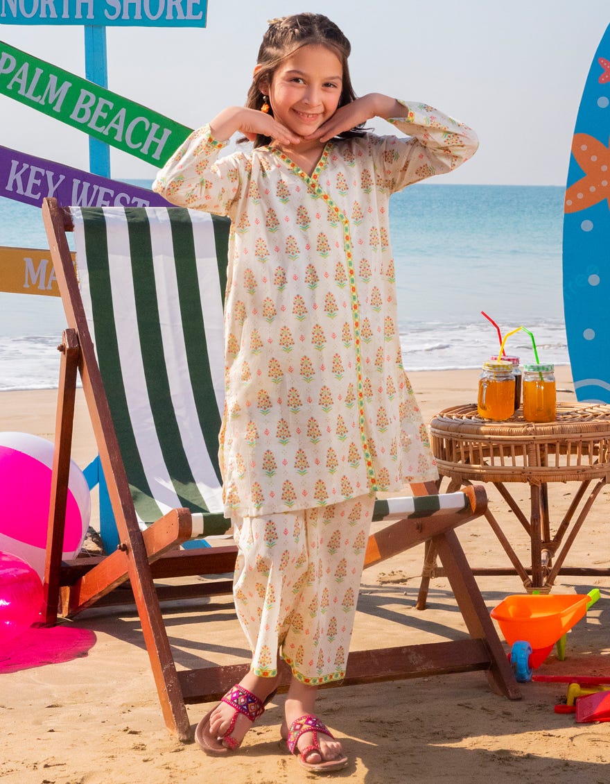 CREAM LAWN PRINTED 2PC | JGKL-S-JGST-25-5640