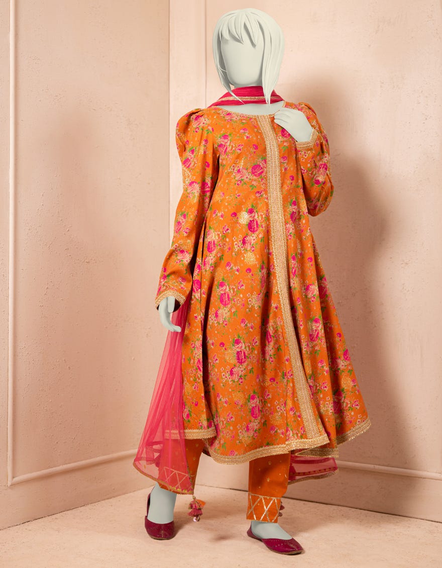 ORANGE DYED EMBROIDERED 3PC STITCHED