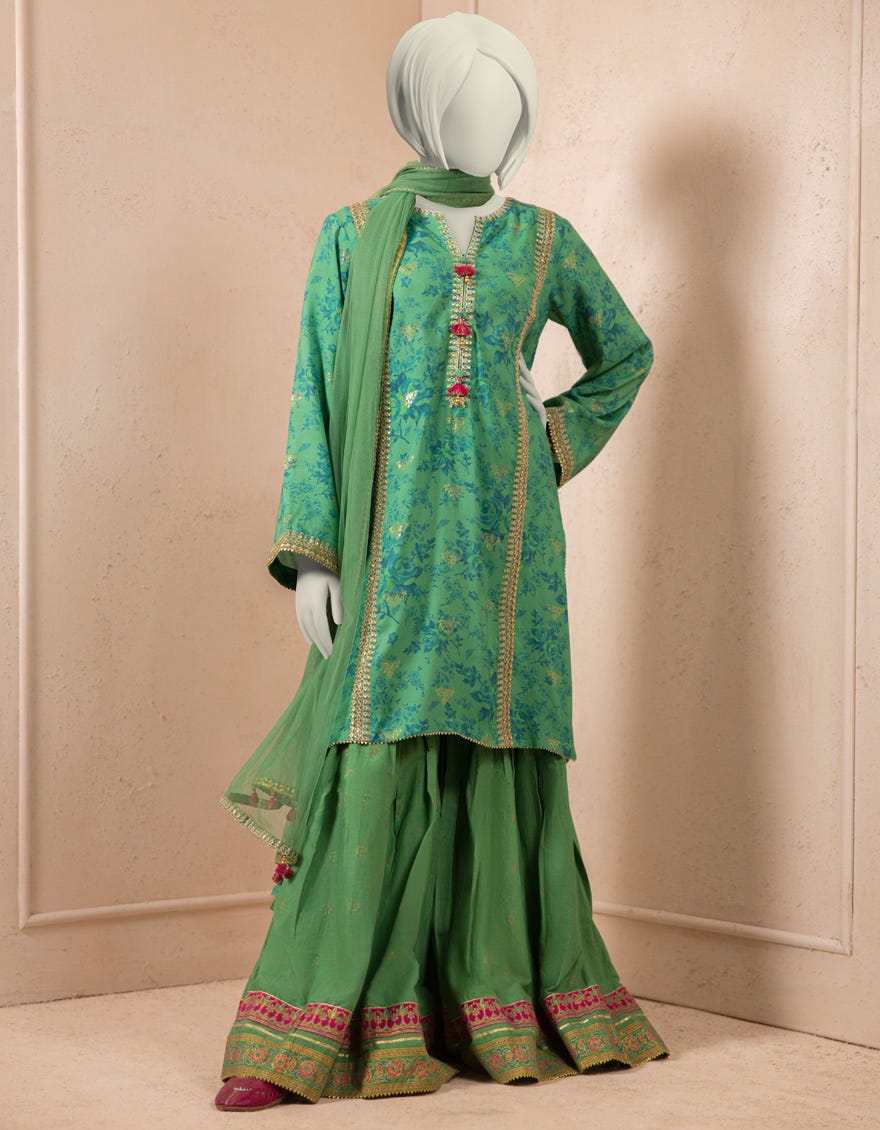 GREEN DYED EMBROIDERED 3PC STITCHED