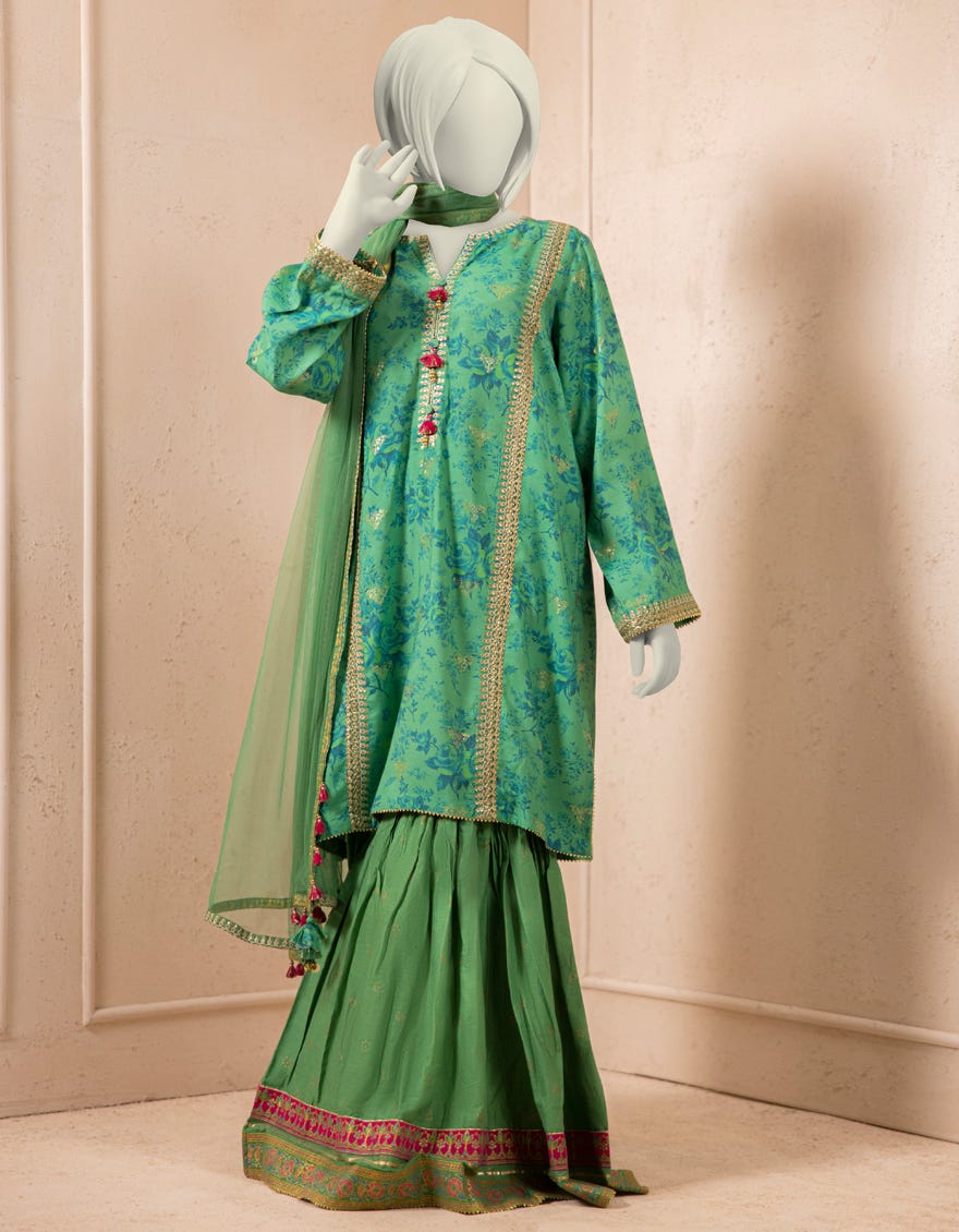 GREEN DYED EMBROIDERED 3PC STITCHED