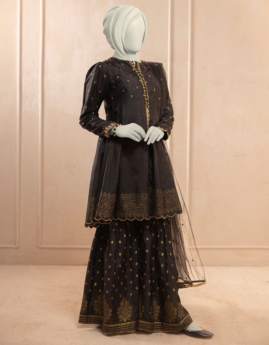 BLACK RAW SILK EMBROIDERED 3PC STITCHED