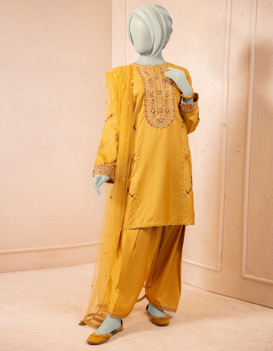 YELLOW RAW SILK EMBROIDERED 3PC STITCHED