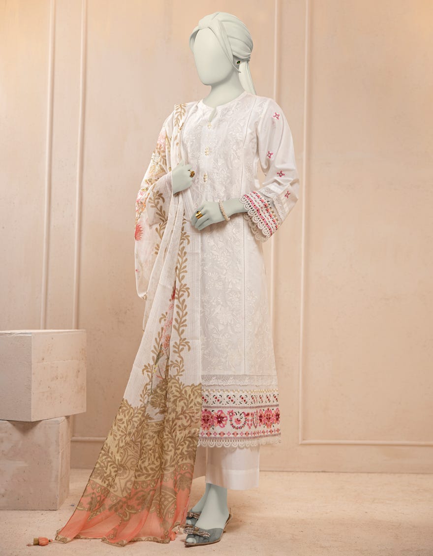 WHITE LAWN SCHIFFLI UNSTITCHED 3PC