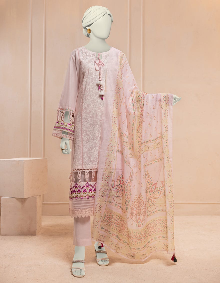 PINK LAWN SCHIFFLI UNSTITCHED 3PC