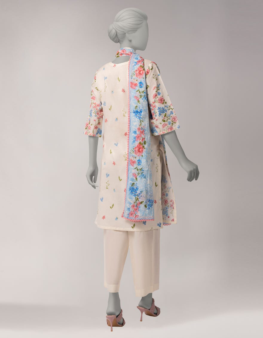 WHITE LAWN PRINTED UNSTITCHED 3PC