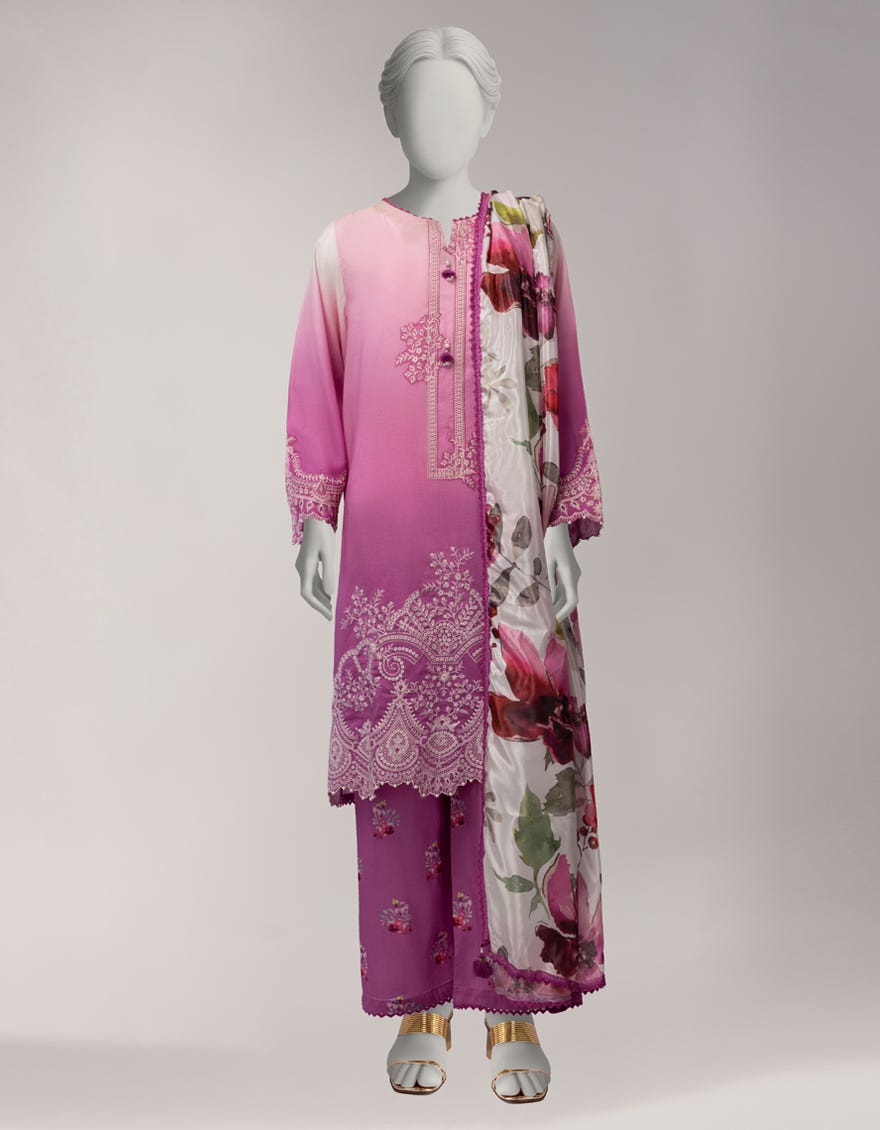 PINK LAWN SCHIFFLI UNSTITCHED 3PC