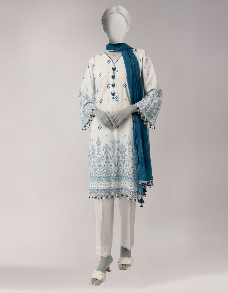 WHITE LAWN PRINTED 3PC UNSTITCHED