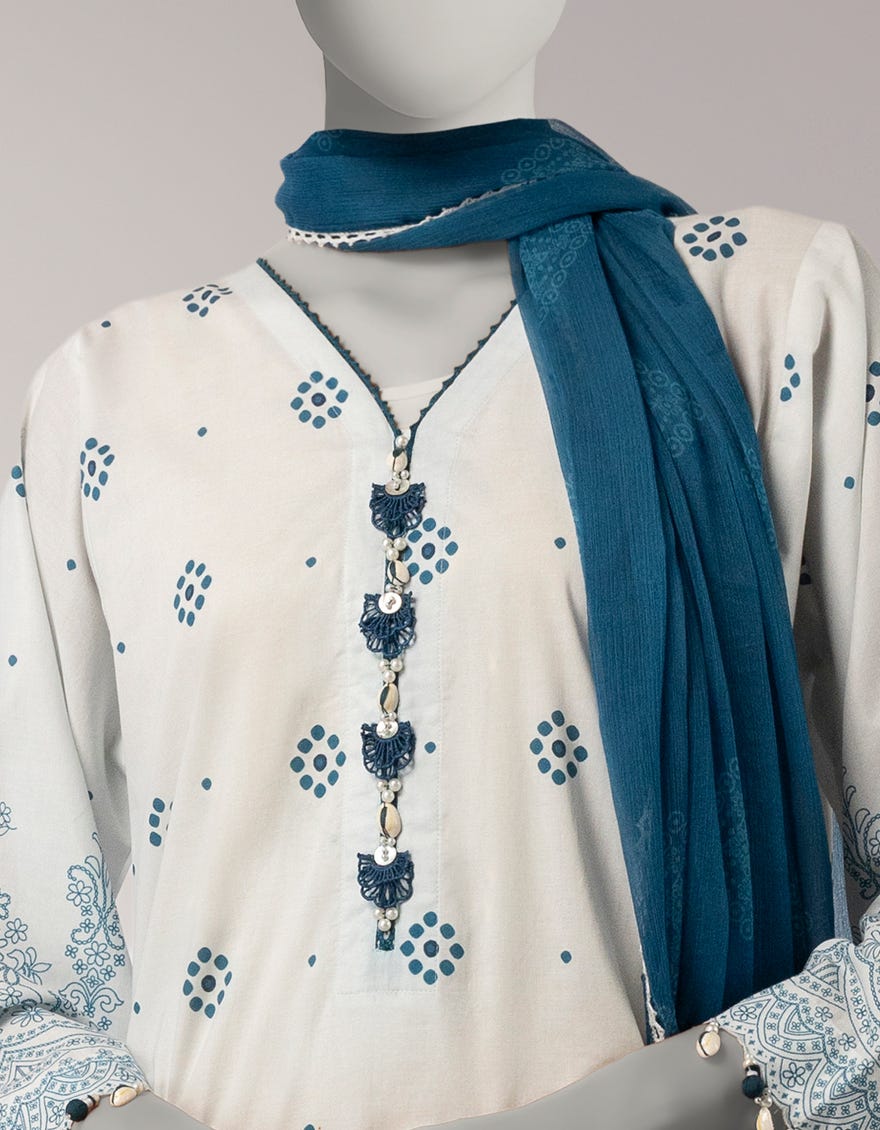 WHITE LAWN PRINTED 3PC UNSTITCHED