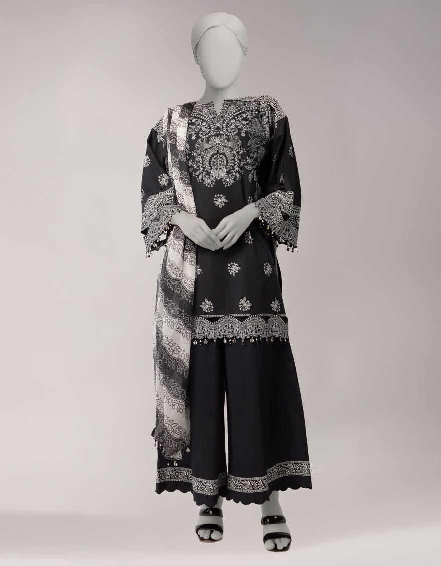 BLACK LAWN PRINTED 3PC UNSTITCHED