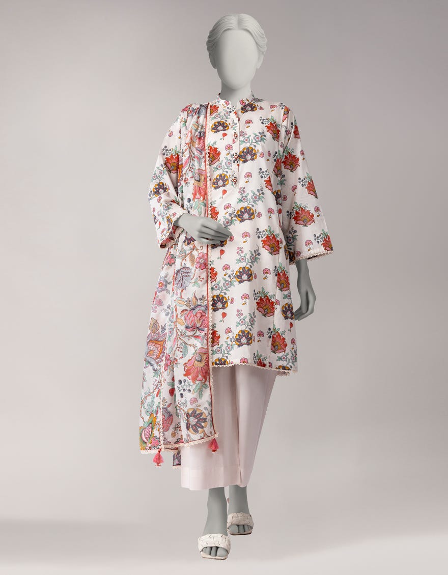 WHITE LAWN PRINTED UNSTITCHED 3PC