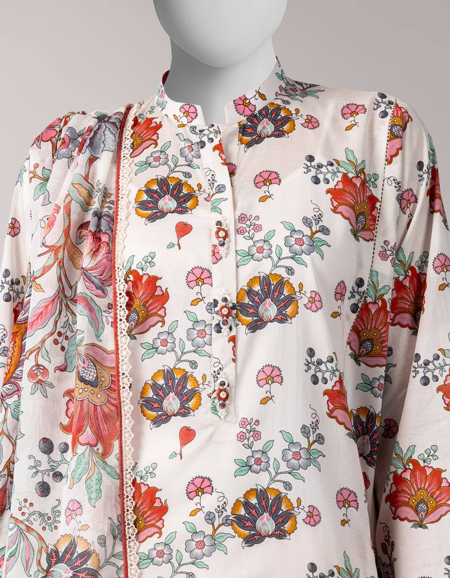 WHITE LAWN PRINTED UNSTITCHED 3PC