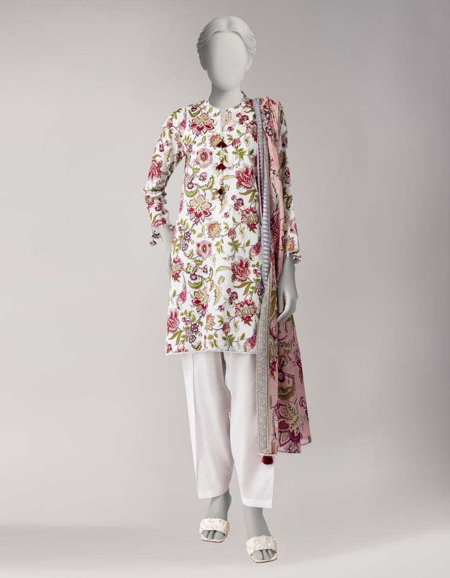 WHITE LAWN PRINTED UNSTITCHED 3PC