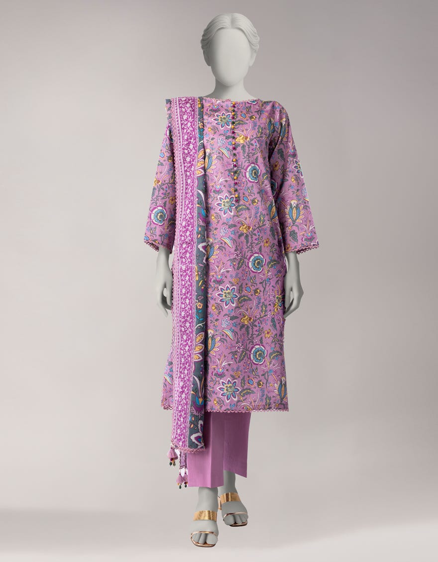 PURPLE LAWN PRINTED UNSTITCHED 3PC