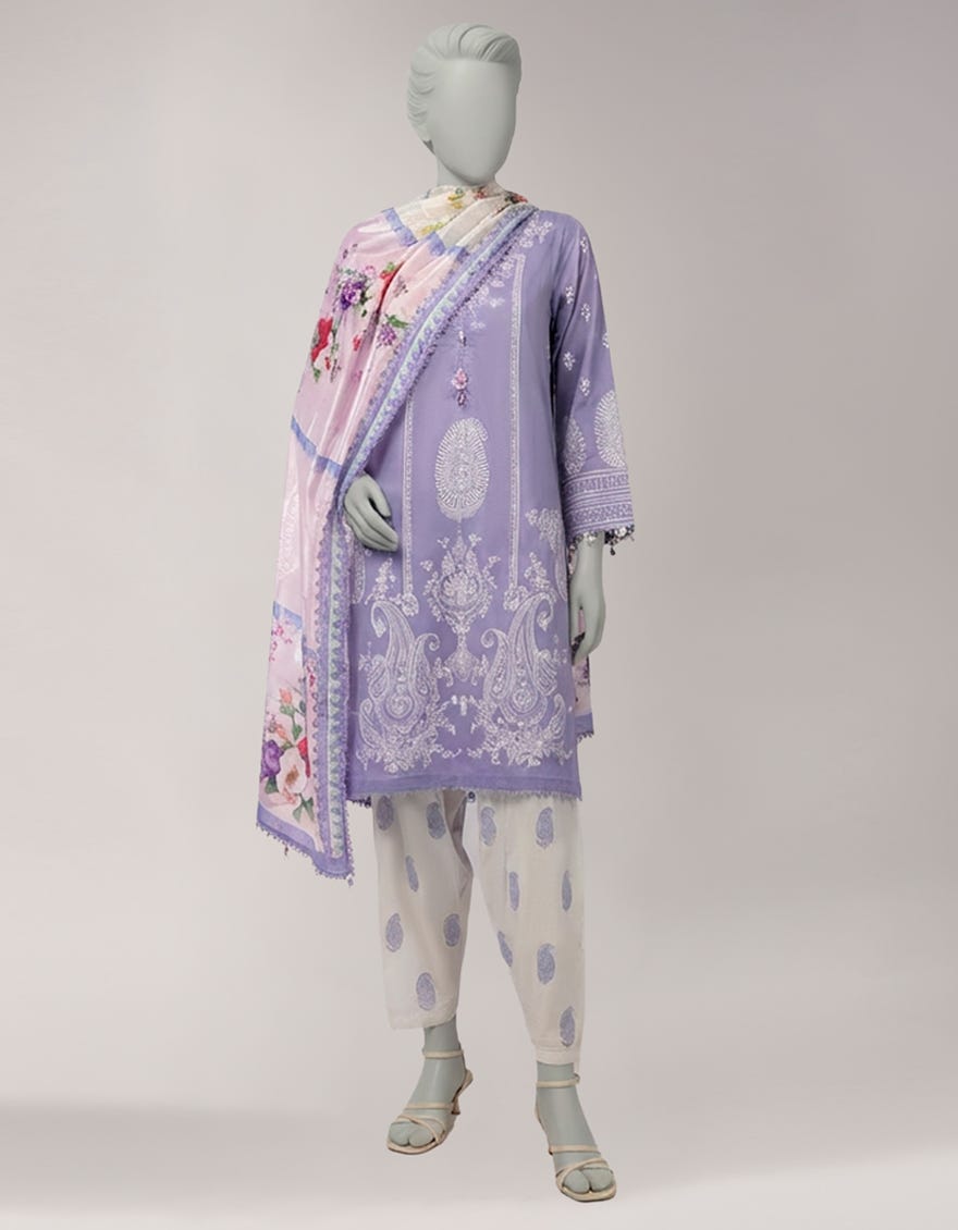 PURPLE LAWN PASTE PRINTED UNSTITCHED 3PC