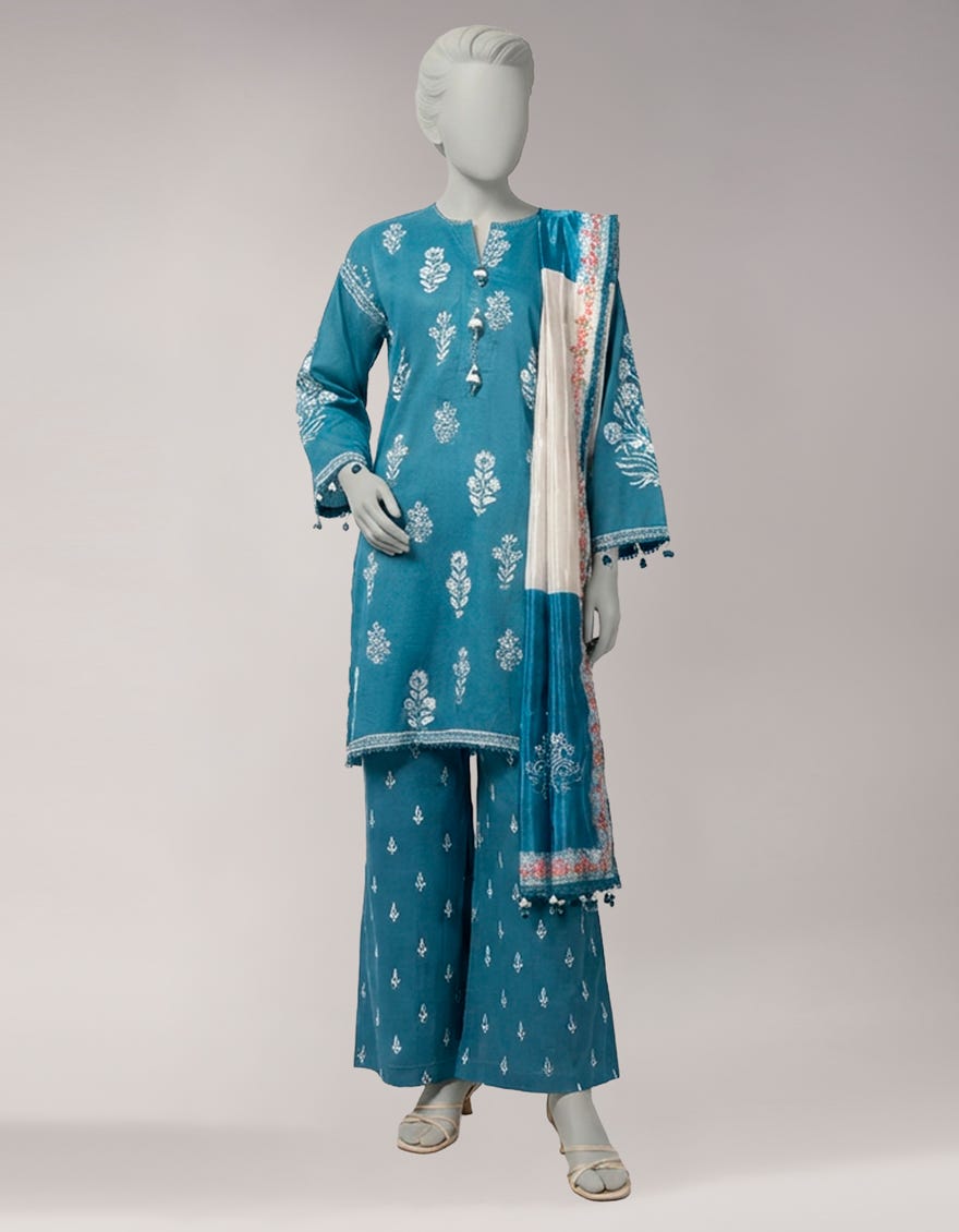 BLUE LAWN PASTE PRINTED UNSTITCHED 3PC