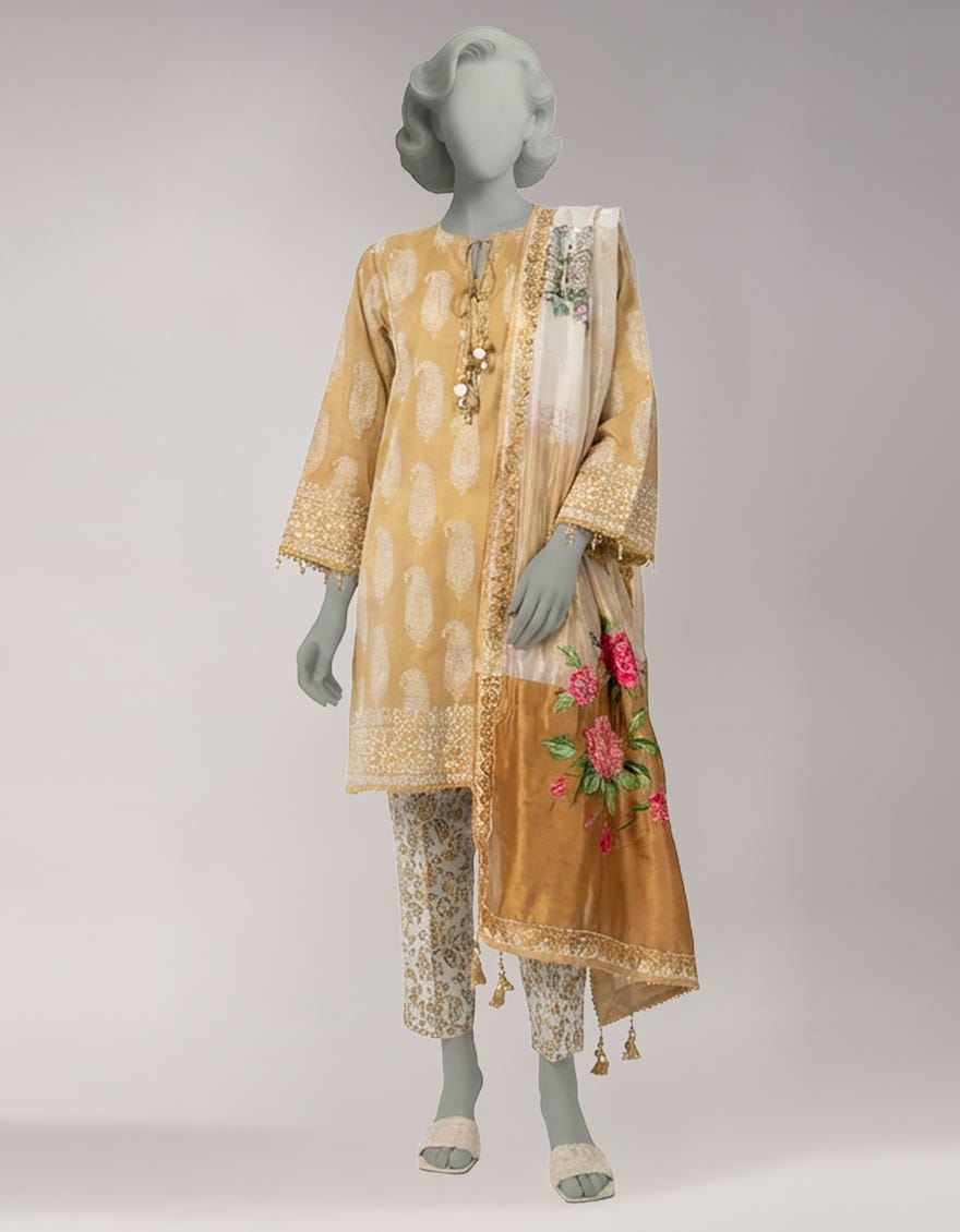 BEIGE LAWN PASTE PRINTED UNSTITCHED 3PC