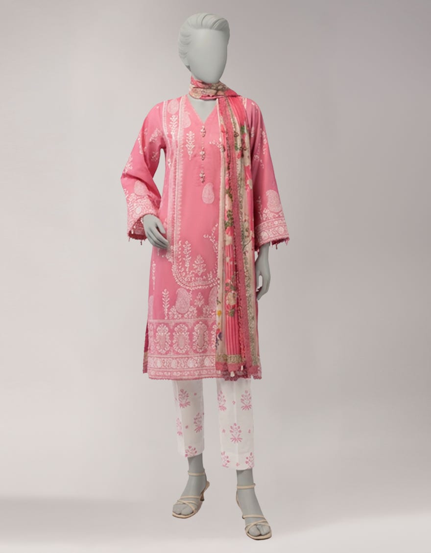 PINK LAWN PASTE PRINTED UNSTITCHED 3PC