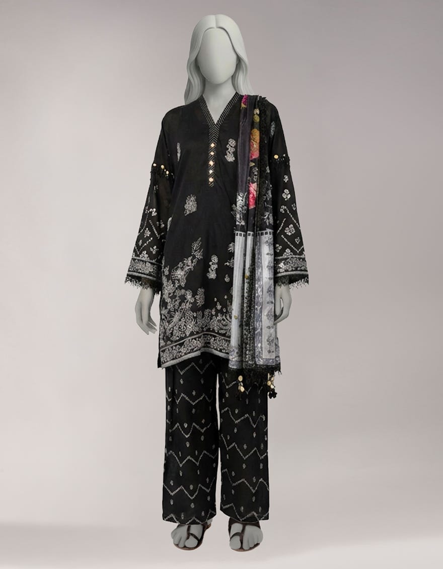 BLACK LAWN PASTE PRINTED UNSTITCHED 3PC