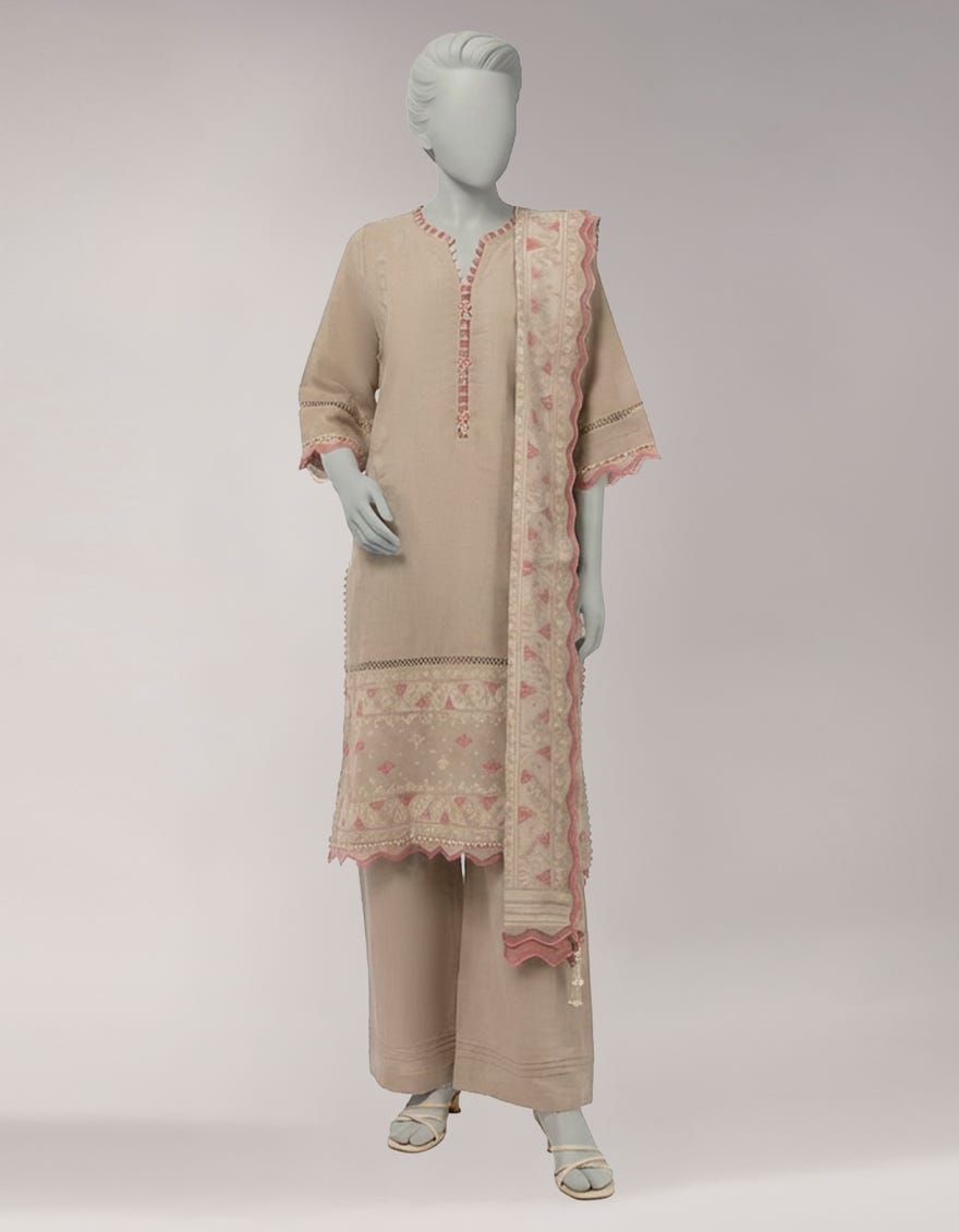 BEIGE JACQUARD SHIMMER UNSTITCHED 3PC